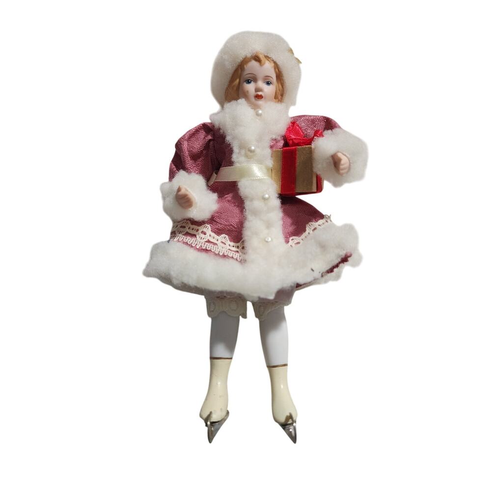 VINTAGE VICTORIAN ICE SKATER PORCELAIN DOLL CHRISTMAS ORNAMENT